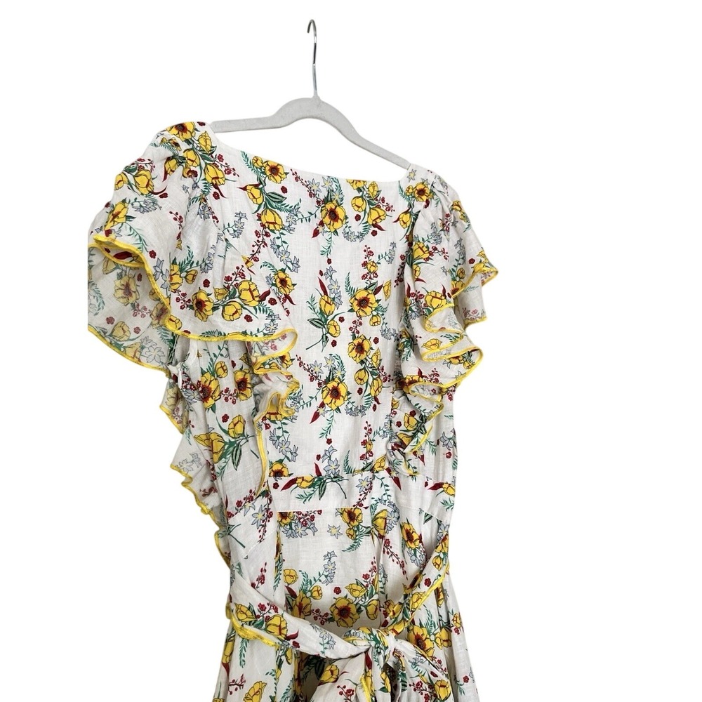 Gul Hurgel Floral White Yellow Ruffle 100% Linen Dress Pinafore Pockets Small - Picture 12 of 16